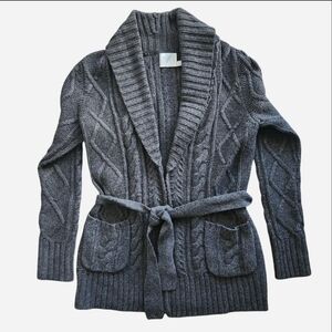 Michael Stars Grey Wool Cable Knit Open Cardigan With Waist Tie Belt Size 1